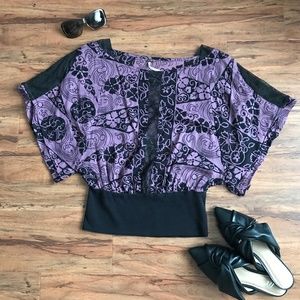 Free People Purple Crop Top Winged Sleeve Shirt